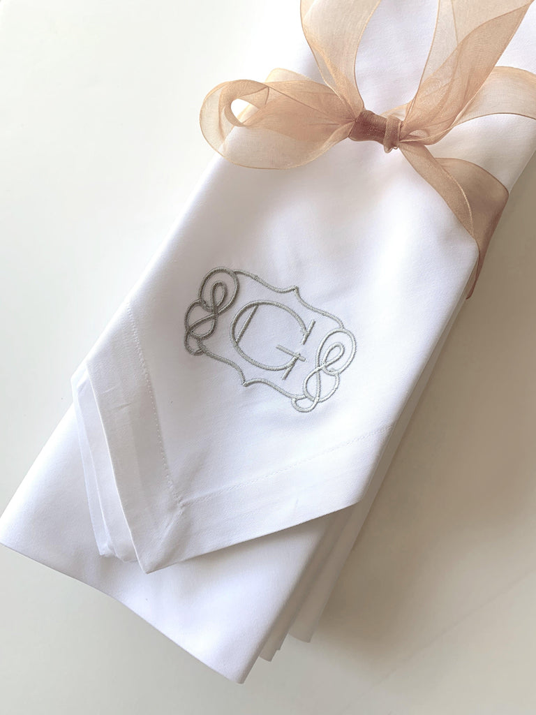 Scroll Border Monogrammed Cloth Dinner Napkins - Set of 4 napkins - White Tulip Embroidery