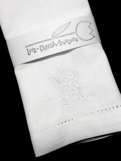 Scroll Monogrammed Embroidered Cloth Napkins - Set of 4 napkins - White Tulip Embroidery