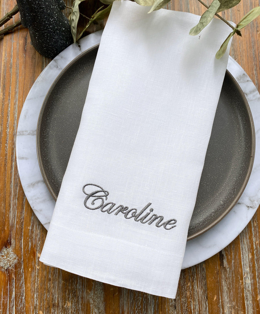 Set of 4 Embroidered Name Napkins, Caroline Names Cloth napkins - White Tulip Embroidery
