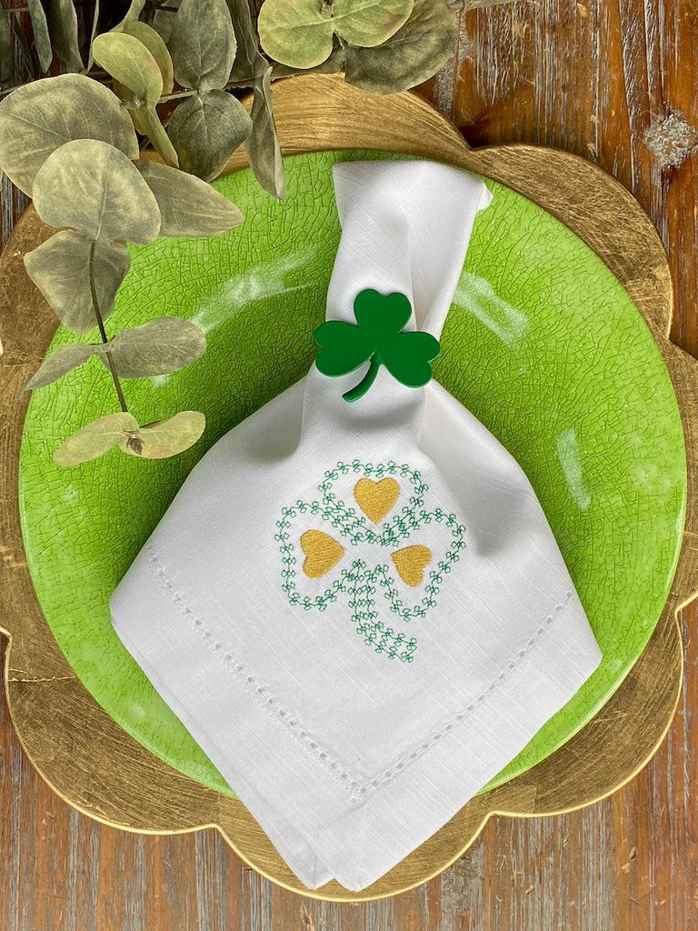 Shamrock St. Patrick's Day Napkins - Set of 4 napkins - White Tulip Embroidery