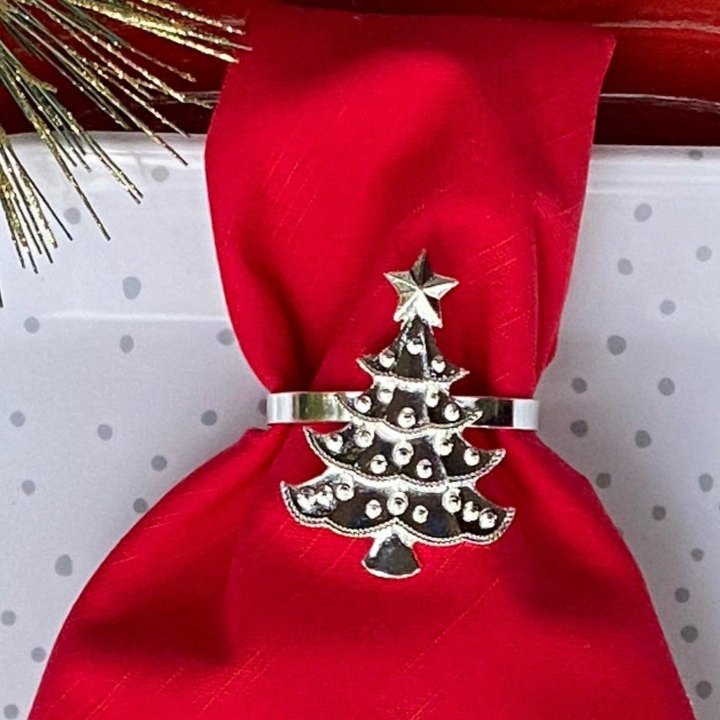 Silver Christmas Tree Napkin Rings, Set of 6, Silver Christmas napkin rings - White Tulip Embroidery
