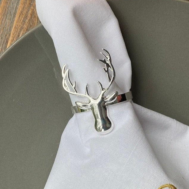 Silver Metal Deer Napkin Rings, Set of 6 - White Tulip Embroidery