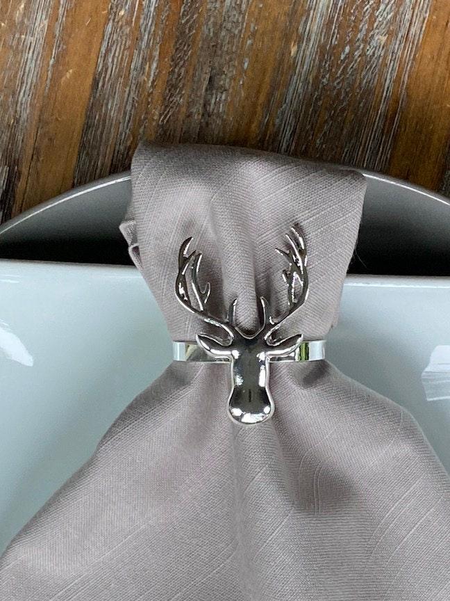 Silver Metal Deer Napkin Rings, Set of 6 - White Tulip Embroidery