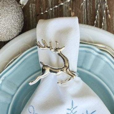 Silver Reindeer Metal Napkin Rings, Set of 6, Silver Christmas napkin rings - White Tulip Embroidery