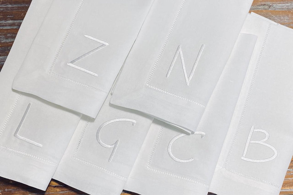 Slim Print Monogrammed Embroidered Cloth Dinner Napkins - Set of 4 napkins - White Tulip Embroidery