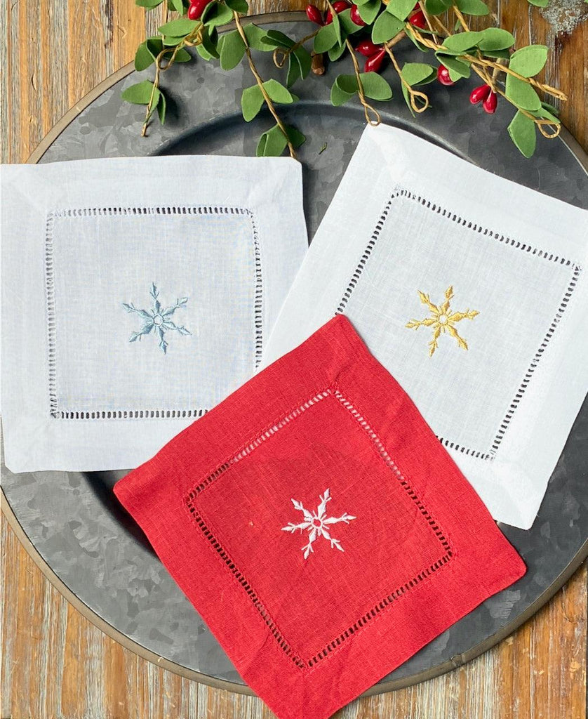 Snowflake Cloth Cocktail Napkins, Set of 4 - White Tulip Embroidery