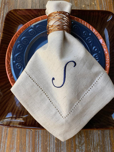 100% White Linen Napkins with Embroidered French Monogram with matt  Egyptian Thread