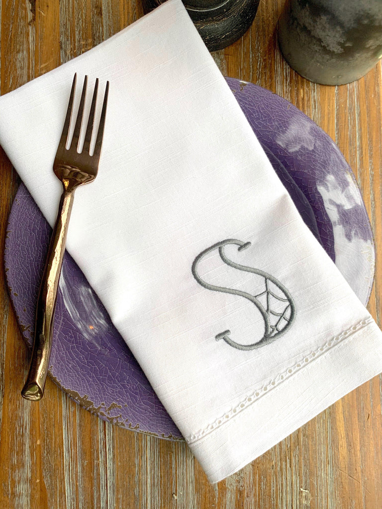 Spider Web Halloween Monogrammed Cloth Dinner Napkins - Set of 4 napkins - White Tulip Embroidery