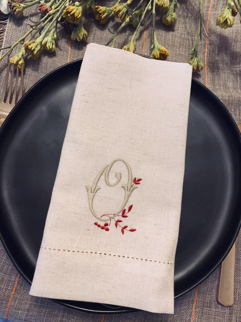 Sprig Monogrammed Embroidered Cloth Napkins - Set of 4 napkins - White Tulip Embroidery