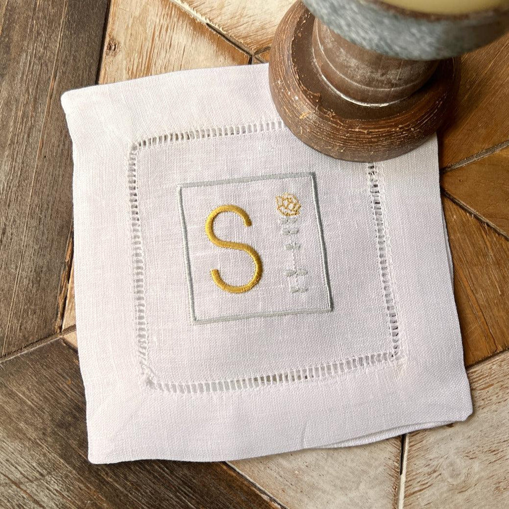 Square Flower Monogrammed Cocktail Napkins, Set of 4 - White Tulip Embroidery