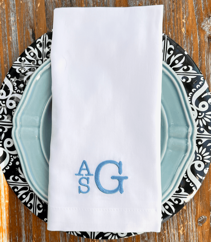 Square Letter Monogrammed Embroidered Cloth Napkins - White Tulip Embroidery