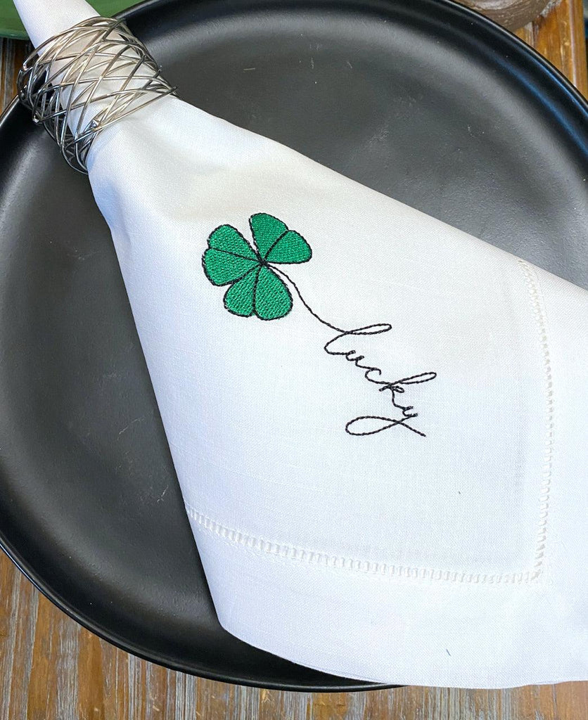 St. Patrick's Day Lucky Shamrock Cloth Napkins - Set of 4 napkins - White Tulip Embroidery