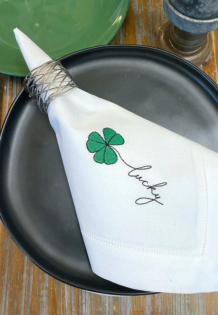 St. Patrick's Day Lucky Shamrock Cloth Napkins - Set of 4 napkins - White Tulip Embroidery