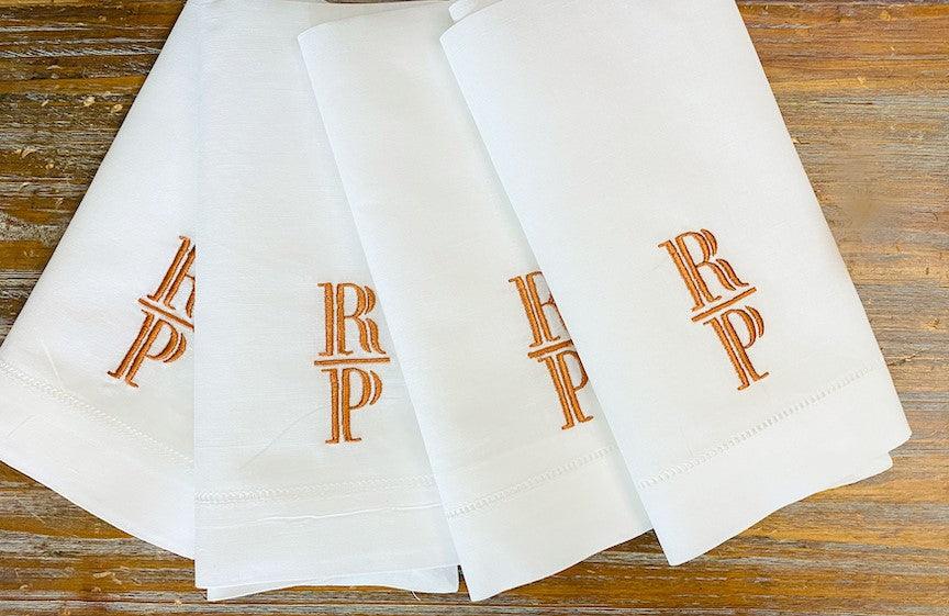 Stacked 2 Letter Monogrammed Cloth Napkins- Set of 4 Duogram Napkins - White Tulip Embroidery