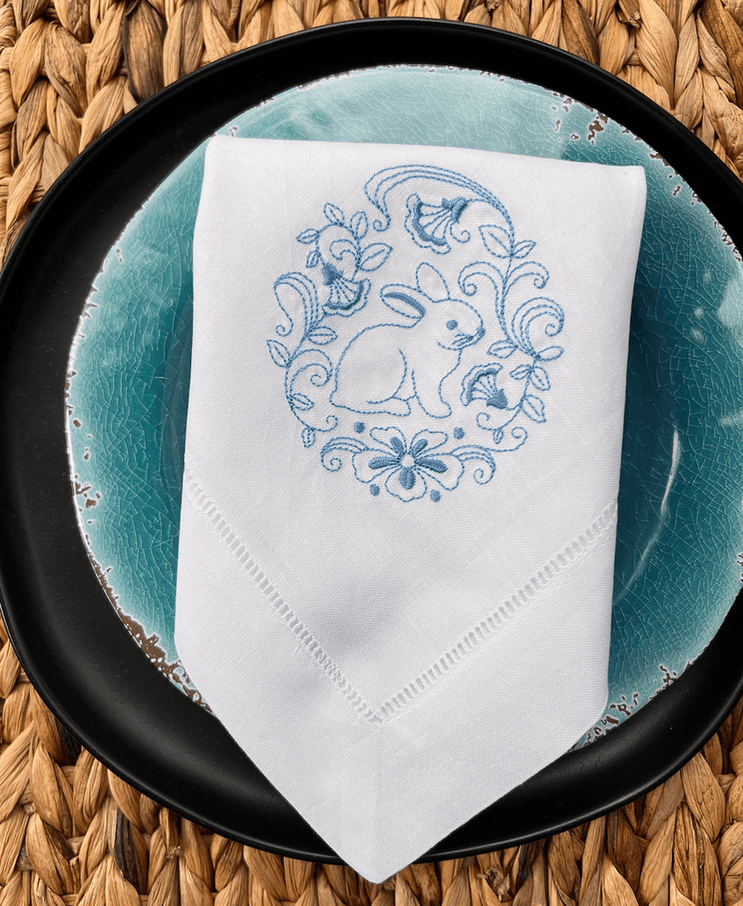 Sweet Easter Bunny Cloth Napkins - Set of 4 napkins - White Tulip Embroidery