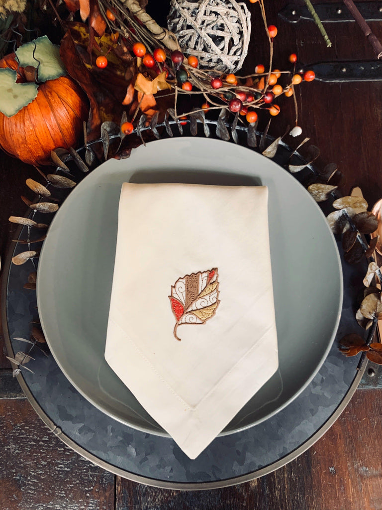Thanksgiving Autumn Leaf Cloth Dinner Napkins - Set of 4 napkins - White Tulip Embroidery
