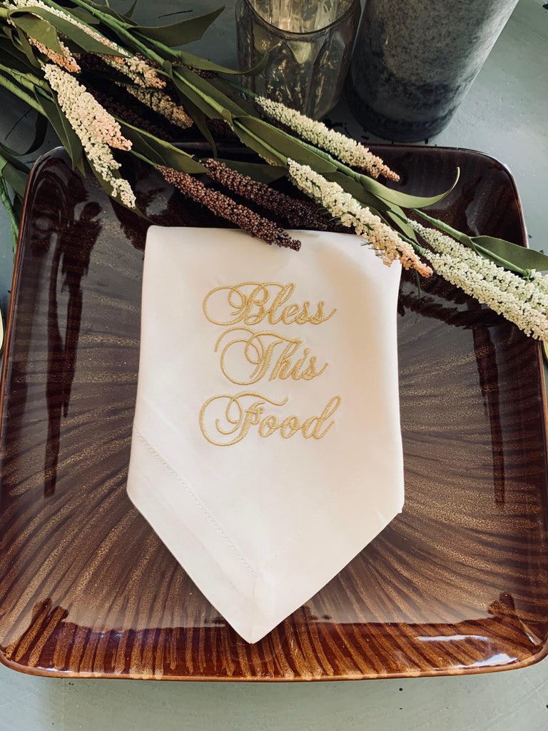 Thanksgiving "Bless This Food" Embroidered Cloth Dinner Napkins - Set of 4 napkins - White Tulip Embroidery