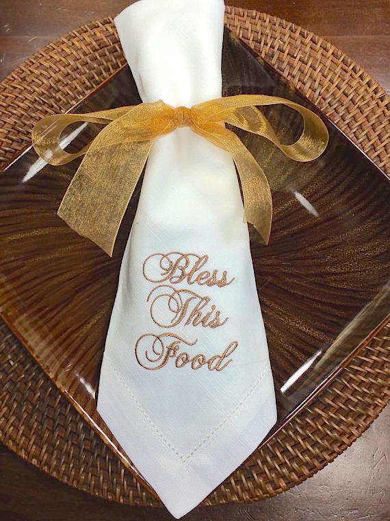 Thanksgiving "Bless This Food" Embroidered Cloth Dinner Napkins - Set of 4 napkins - White Tulip Embroidery