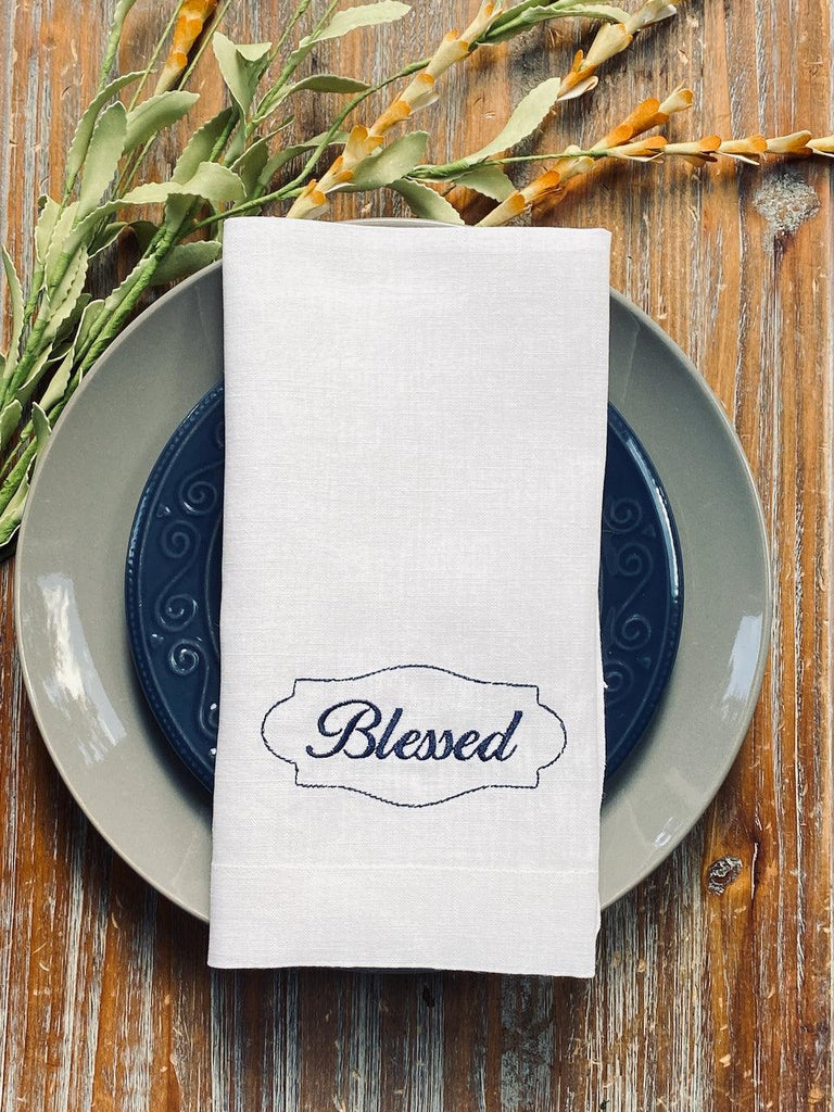 Thanksgiving Blessed Embroidered Cloth Dinner Napkins - Set of 4 napkins - White Tulip Embroidery
