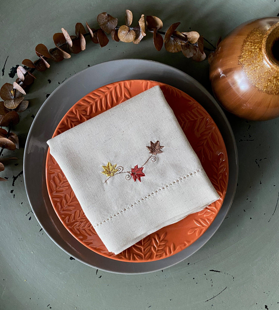 Thanksgiving Blowing Leaves Embroidered Cloth Napkins - Set of 4 napkins - White Tulip Embroidery