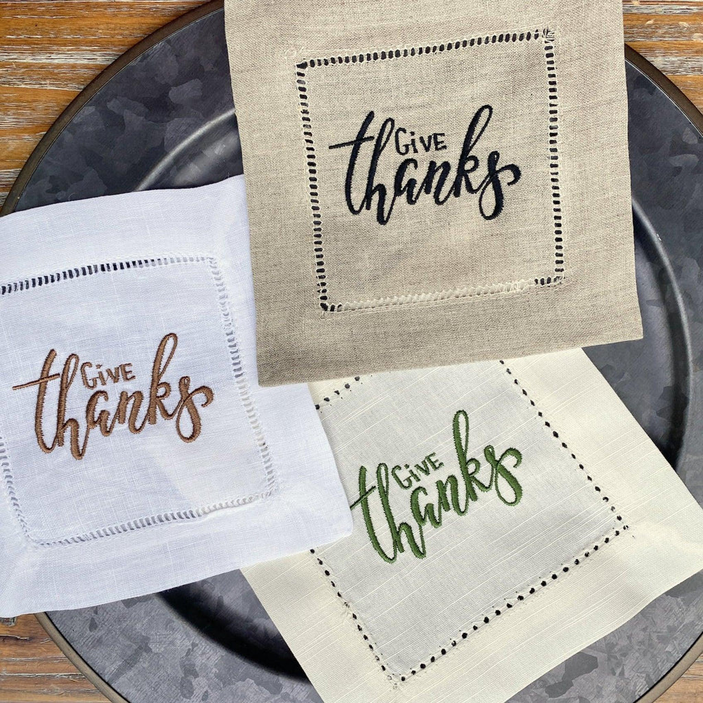 Thanksgiving Give Thanks Cloth Cocktail Napkins, Set of 4 - White Tulip Embroidery