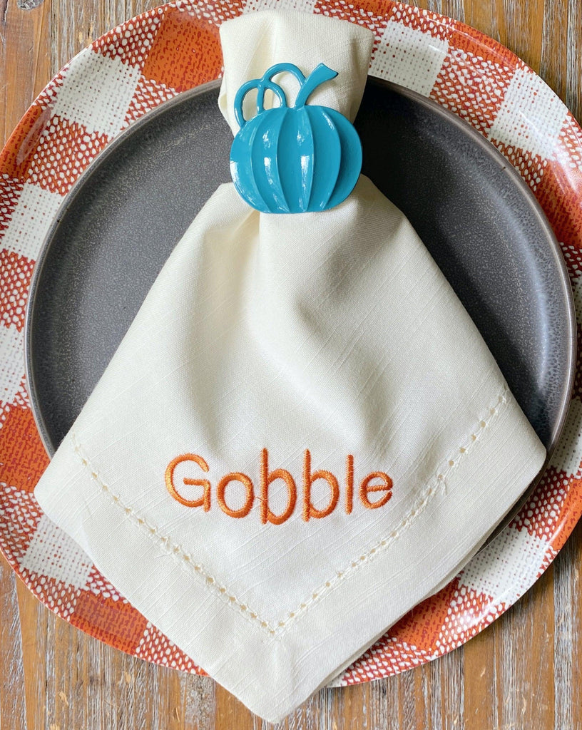 Thanksgiving "Gobble" Embroidered Cloth Dinner Napkins - Set of 4 napkins - White Tulip Embroidery
