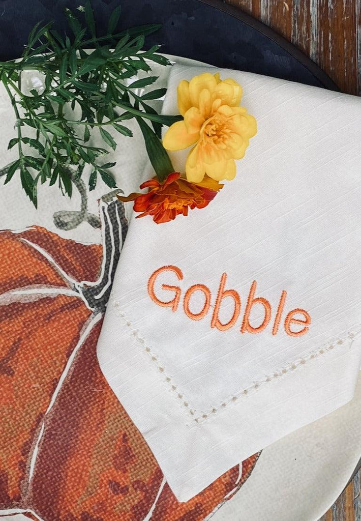 Thanksgiving "Gobble" Embroidered Cloth Dinner Napkins - Set of 4 napkins - White Tulip Embroidery
