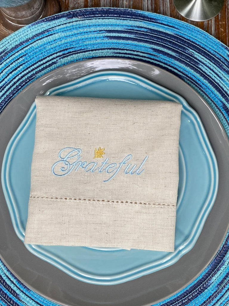 Thanksgiving Grateful Embroidered Cloth Dinner Napkins - Set of 4 napkins - White Tulip Embroidery