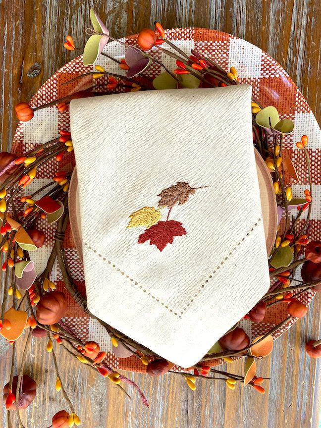 Thanksgiving Leaves Cloth Napkins - Set of 4 napkins - White Tulip Embroidery