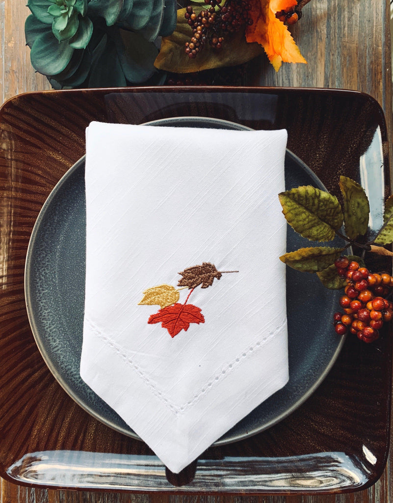 Thanksgiving Leaves Cloth Napkins - Set of 4 napkins - White Tulip Embroidery