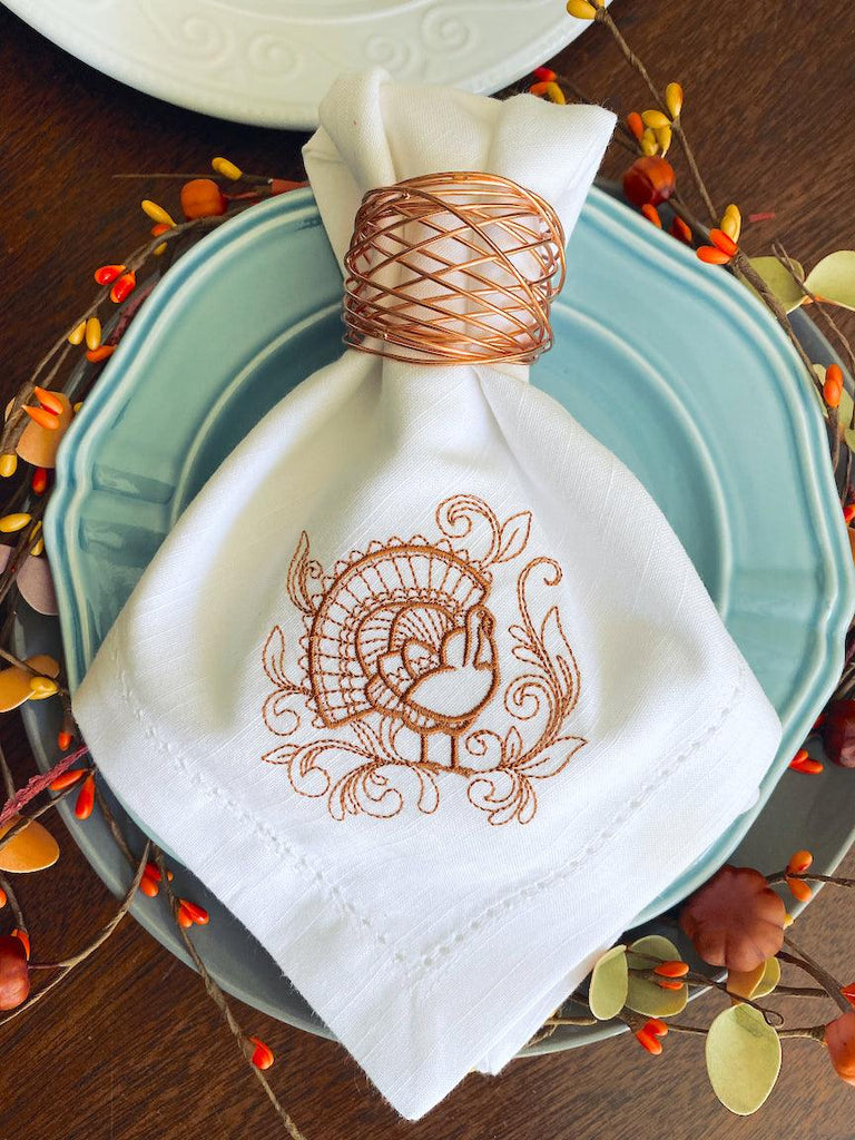 Thanksgiving Turkey Cloth Dinner Napkins - Set of 4 napkins - White Tulip Embroidery