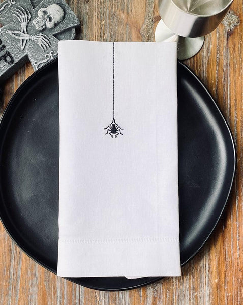 Tiny Halloween Spider Napkins - Set of 4 cloth napkins - White Tulip Embroidery