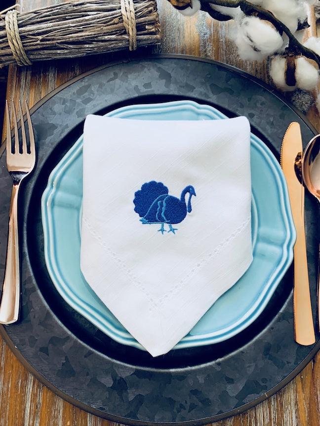 Traditional Thanksgiving Turkey Cloth Dinner Napkins - Set of 4 napkins - White Tulip Embroidery