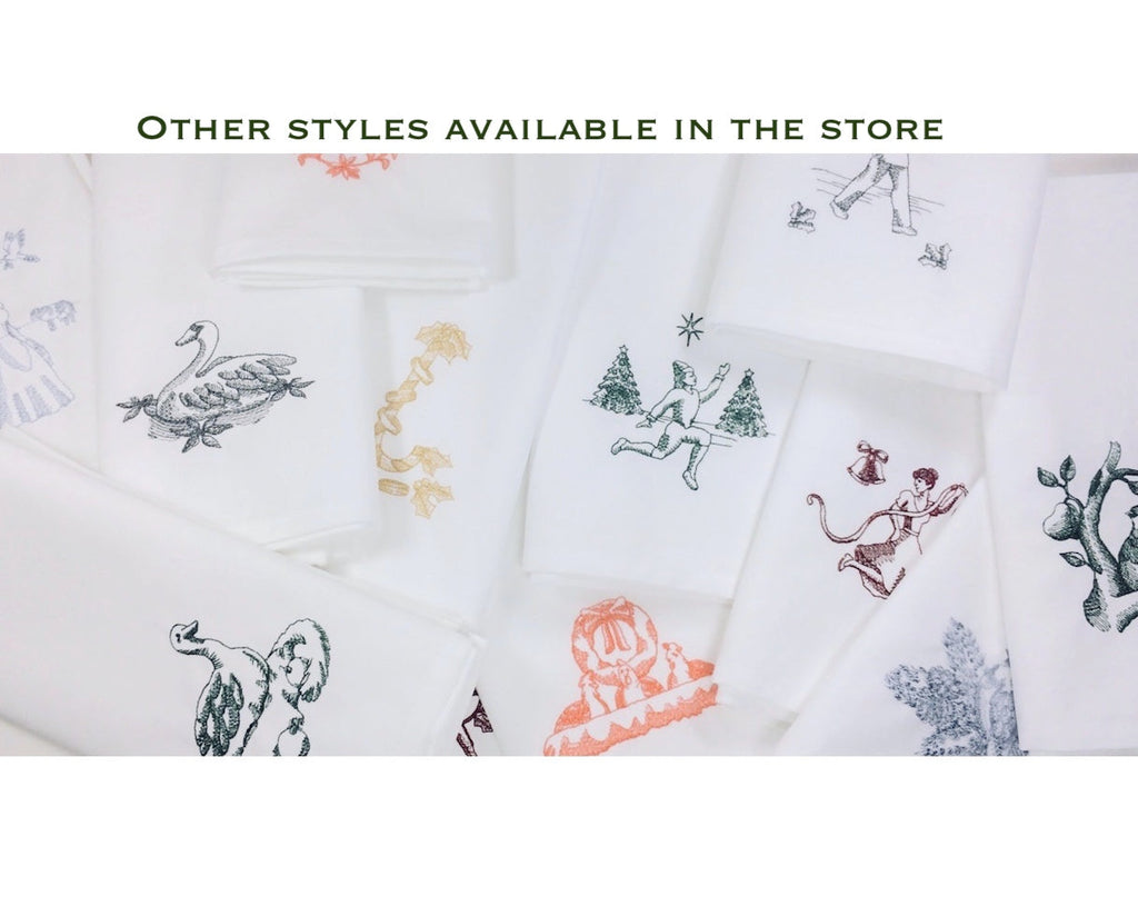 Twelve Days of Christmas Cloth Napkins - Set of 12 napkins - White Tulip Embroidery