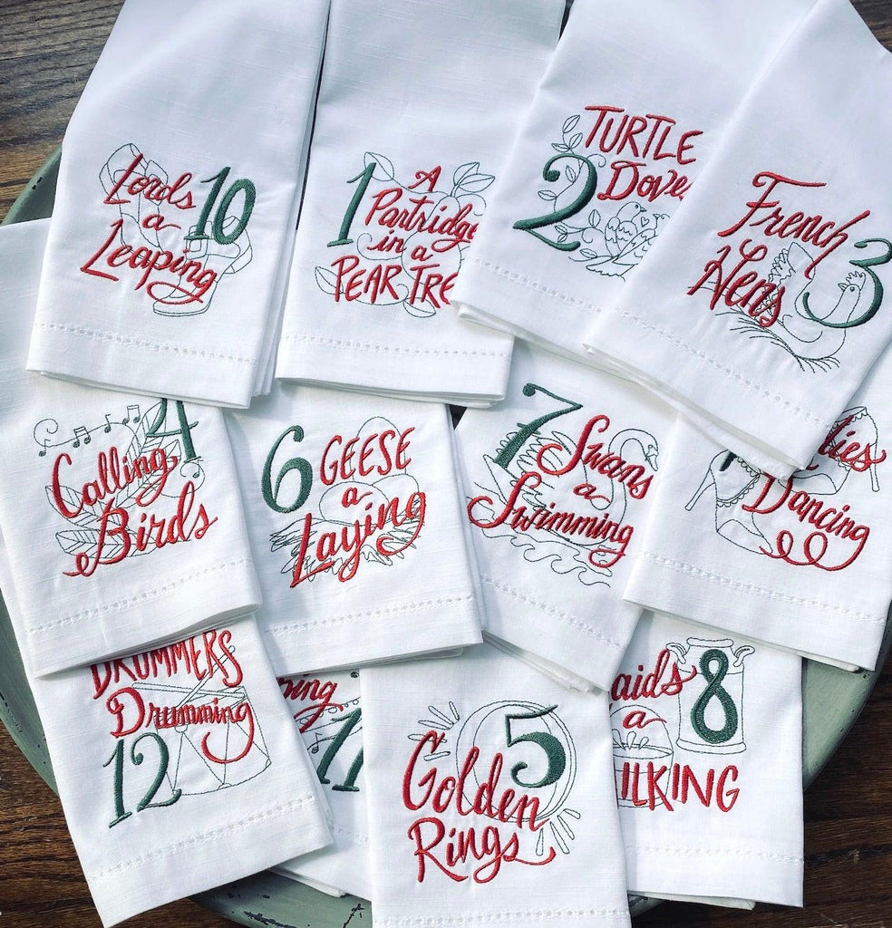 Twelve Days of Christmas Cloth Napkins - Set of 12 napkins - White Tulip Embroidery
