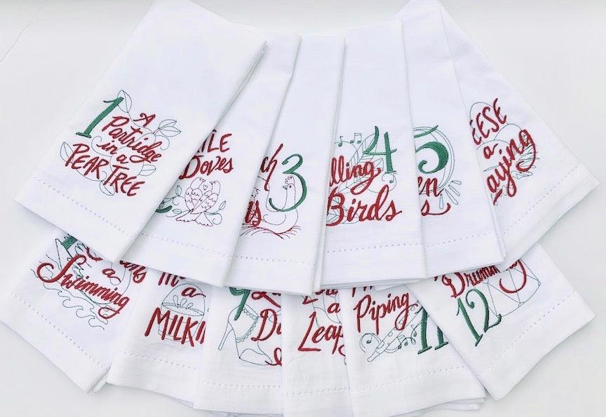 Twelve Days of Christmas Cloth Napkins - Set of 12 napkins