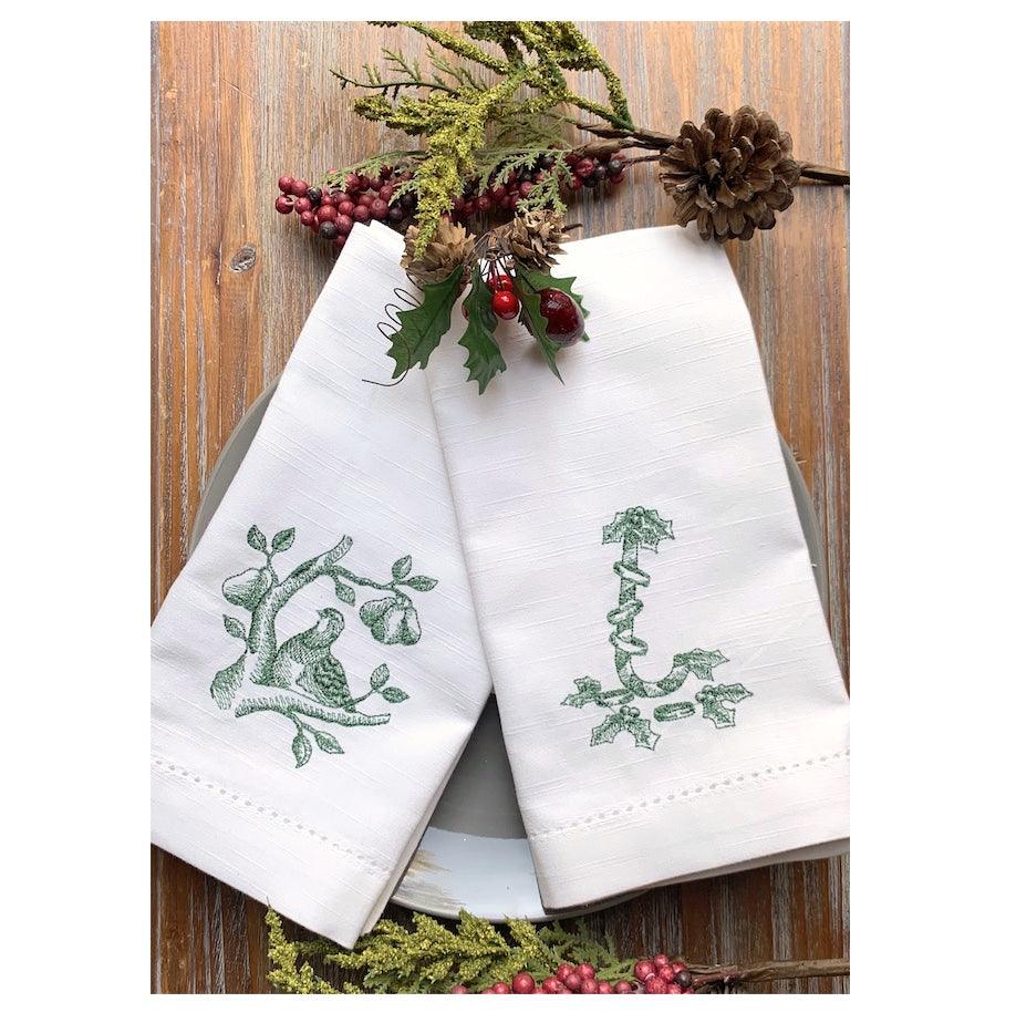 Twelve Days of Christmas Embroidered Cloth Napkins - Set of 12 napkins - White Tulip Embroidery