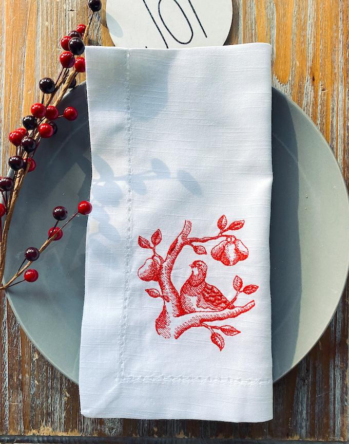 Twelve Days of Christmas Embroidered Cloth Napkins - Set of 12 napkins - White Tulip Embroidery