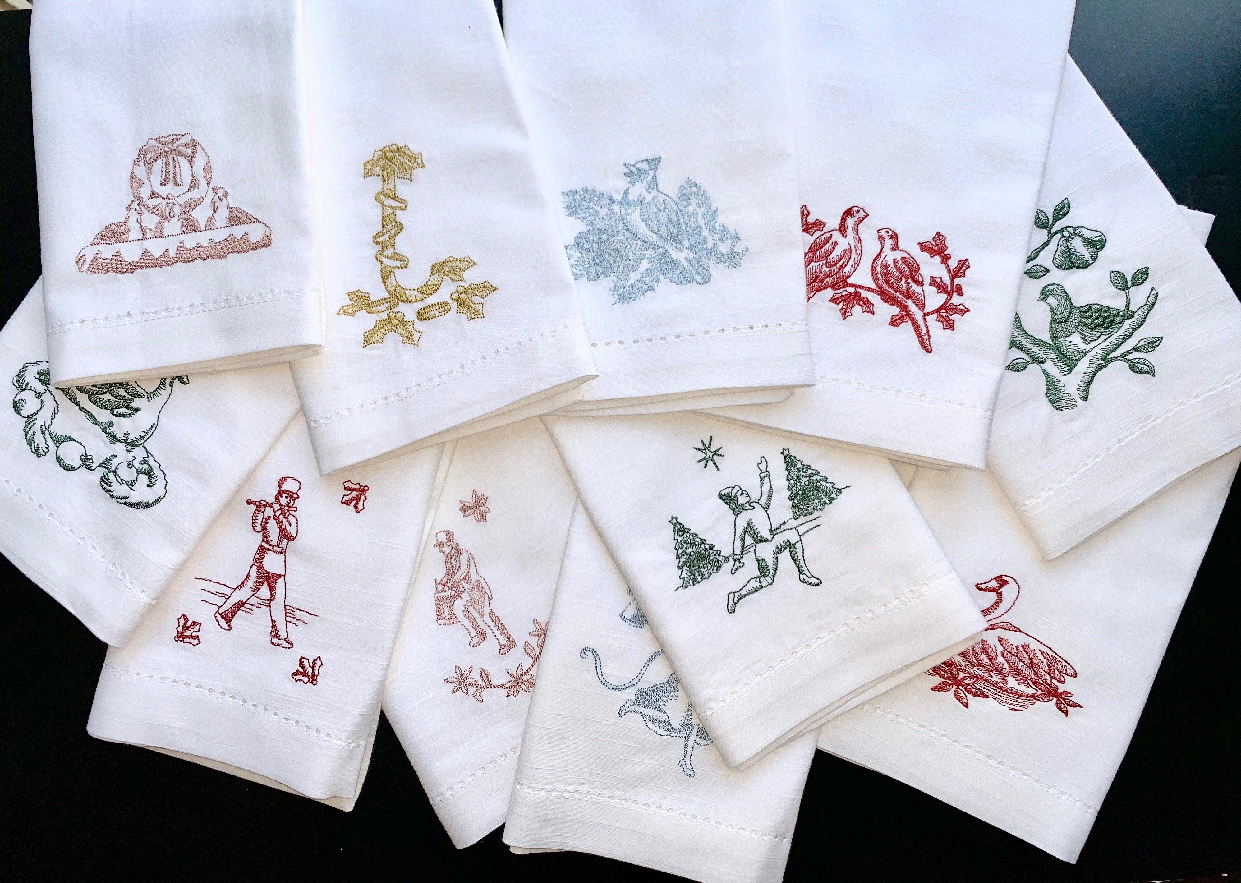 Twelve Days of Christmas Cloth Napkins - Set of 12 napkins – White