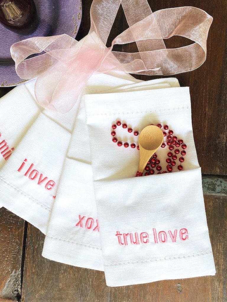 Valentine's Day Candy Hearts Cloth Napkins - Set of 4 napkins - White Tulip Embroidery