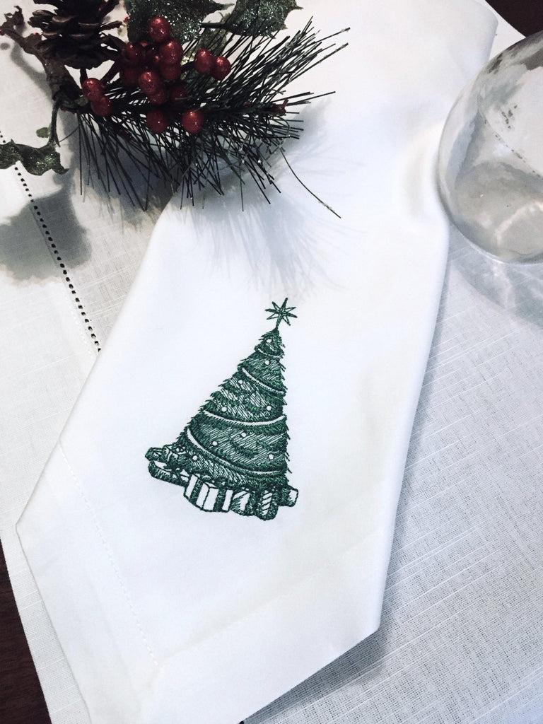 Victorian Toile Christmas Tree Embroidered Cloth Napkins - Set of 4 napkins - White Tulip Embroidery