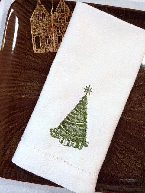 Victorian Toile Christmas Tree Embroidered Cloth Napkins - Set of 4 napkins - White Tulip Embroidery