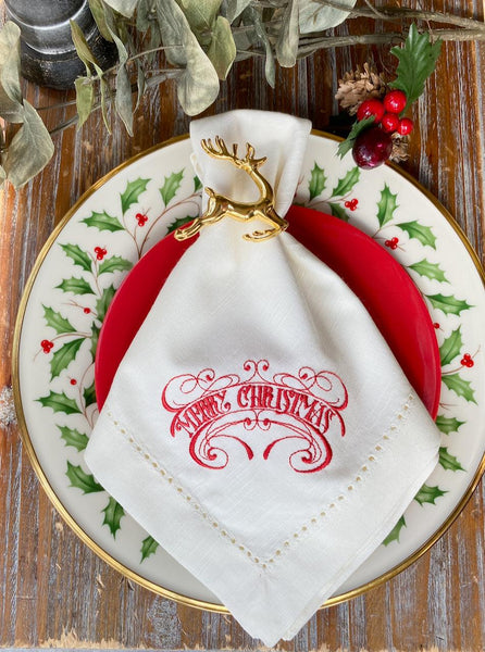 Christmas Cloth Napkins, Embroidered Napkins, Set of 6 Large Dinner Napkins,  Table Napkins, Wedding Napkins, White Silver Gold Napkins 