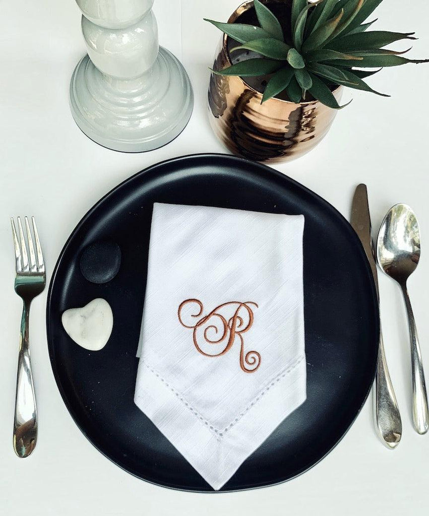 Wendy Monogrammed Cloth Dinner Napkins - Set of 4 napkins - White Tulip Embroidery