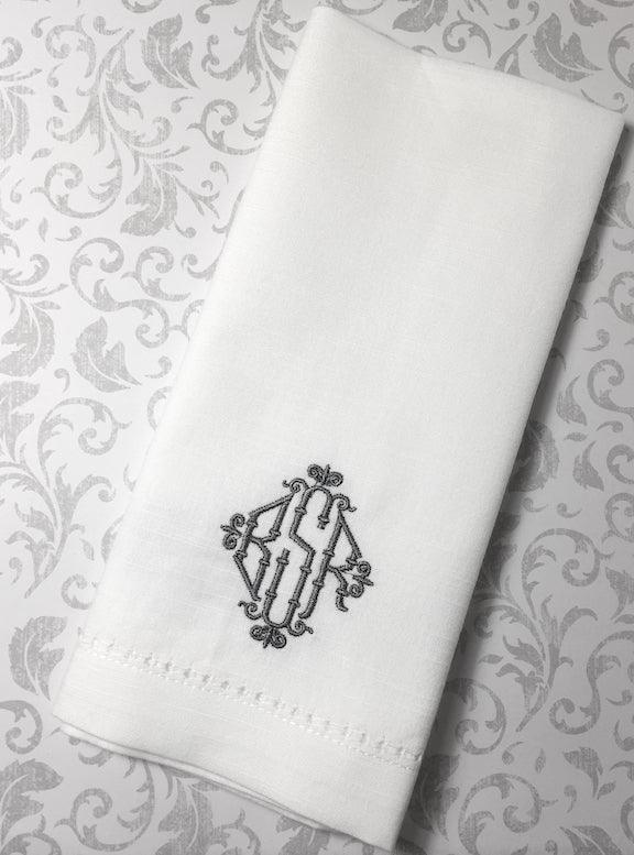 Wicker Monogrammed Cloth Dinner Napkins - Set of 4 napkins - White Tulip Embroidery