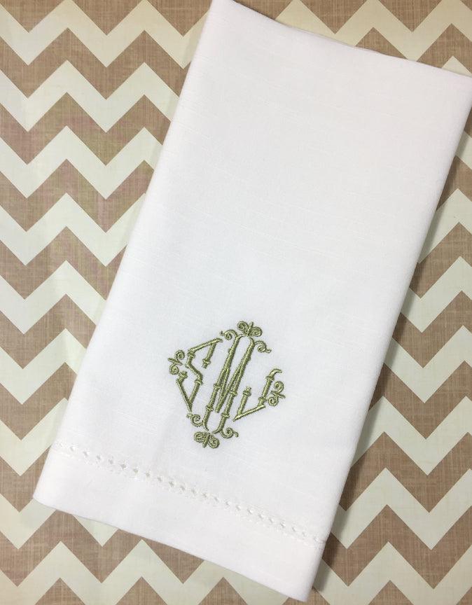 Wicker Monogrammed Cloth Dinner Napkins - Set of 4 napkins - White Tulip Embroidery