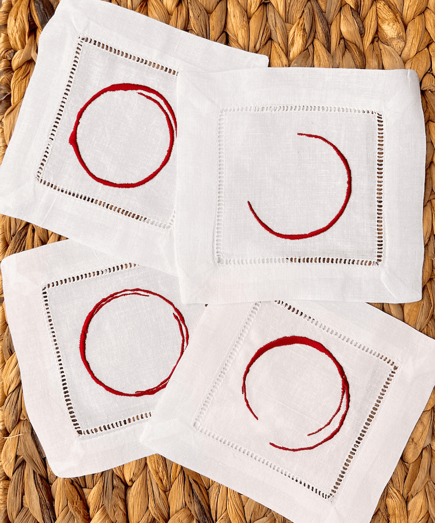 Wine Stain Cocktail Napkins, Set of 4, Funny Cocktail Cloth Napkins - White Tulip Embroidery