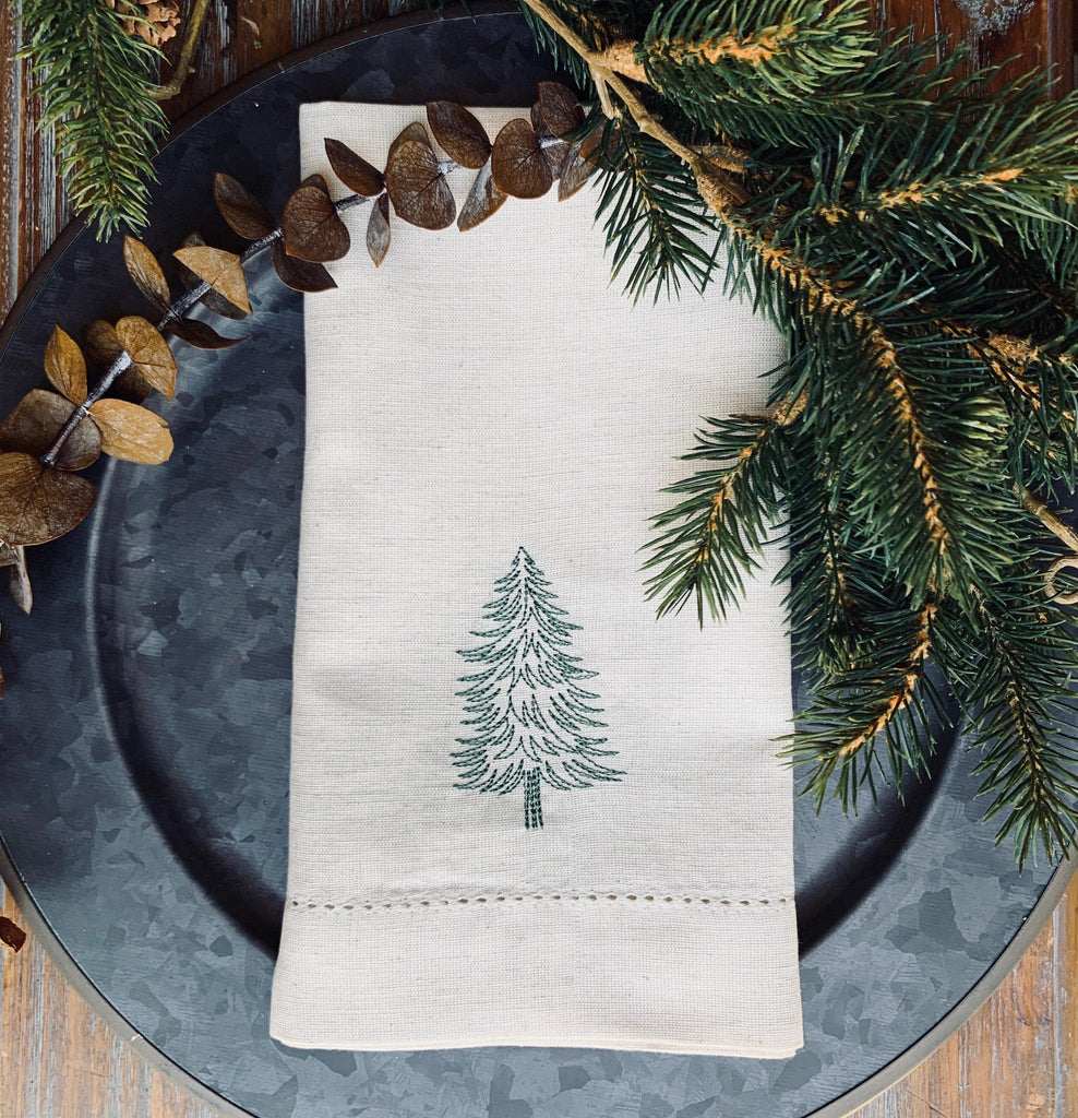 Woodland Christmas Tree Embroidered Cloth Napkins - Set of 4 napkins - White Tulip Embroidery