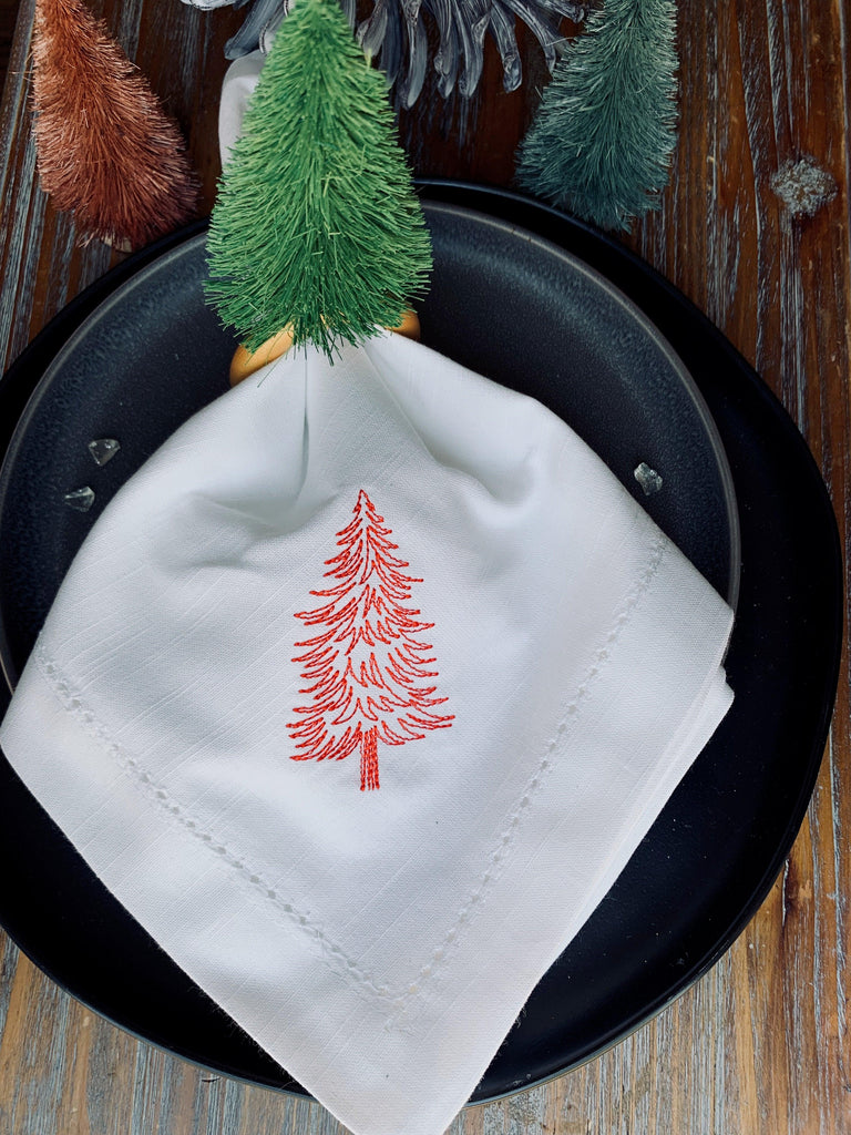 Woodland Christmas Tree Embroidered Cloth Napkins - Set of 4 napkins - White Tulip Embroidery