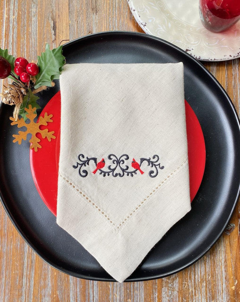 Wrought-Iron Cardinal Christmas Cloth Napkins - Set of 4 Christmas napkins - White Tulip Embroidery